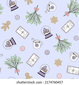 Patrón ininterrumpido de Navidad - mistletoe, letra. pan de jengibre, bolas de cristal, tazas de cacao y caramelos