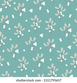 Christmas seamless pattern with mistletoe on mint background. Perfect for greeting cards, wallpaper, gift paper, winter decorations