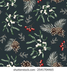 Christmas seamless pattern, mistletoe, pine twigs, cones, red berries, black night background. Vector illustration. Forest nature design. Season greeting. Winter holidays