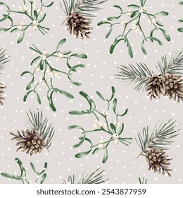 Christmas seamless pattern, mistletoe, pine twigs, cones, snow, beige background. Vector illustration. Forest nature design. Season greeting. Winter holidays