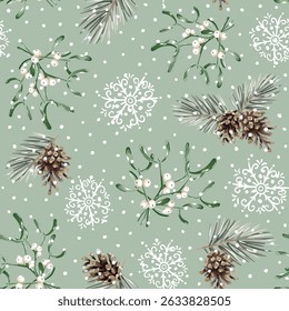 Christmas seamless pattern, mistletoe, pine twigs, cones, snowflakes, snow, green background. Vector illustration. Forest nature design. Season greeting. Winter holidays