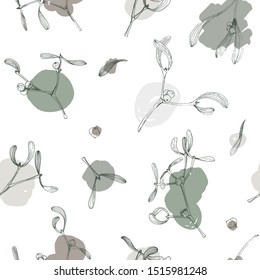 Christmas seamless pattern with mistletoe plant and brush strokes hand drawn botany illustration