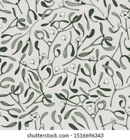 Christmas seamless pattern with mistletoe plant  botany illustrations on grey backgrounds