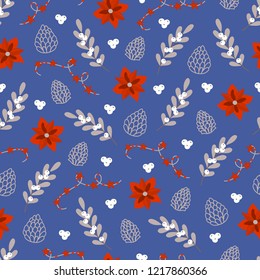 Christmas seamless pattern with mistletoe, poinsettia, cones and star garland on blue background. Perfect for holiday invitations, wrapping paper, greeting cards.