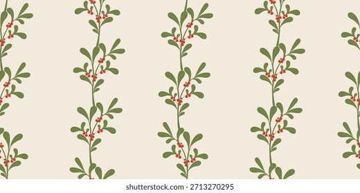 Navidades sin patrón con muérdago y bayas rojas. Impresión botánica de vacaciones minimalista para envolver papel, tela, Fondo de pantalla, textil.