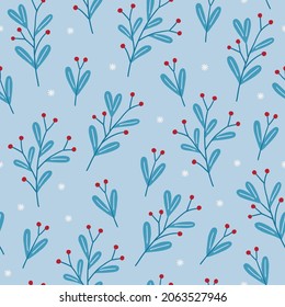 Patrón de Navidad sin fisuras con mistletoe, copos de nieve y bayas sobre fondo azul. Estilo escandinavo. Perfecto para vacaciones de invierno, papel pintado de Navidad, papel de envoltura, tela. Ilustración del vector