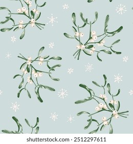 Navidades sin patrón, muérdago, copos de nieve, fondo gris. Ilustración vectorial. Diseño de Naturaleza. Saludo de temporada. Vacaciones de invierno