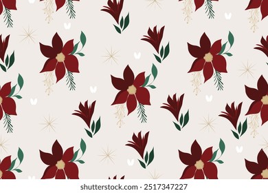 Christmas Seamless  Pattern with Mistletoe, Spruce Branches, Green Leaves. Hand drawn poinsettia flowers and floral branches and berries, christmas's florals. 