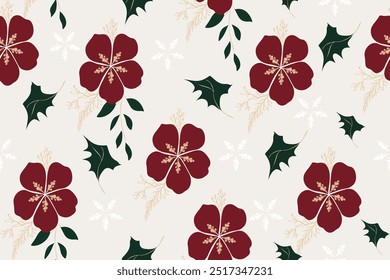 Christmas Seamless  Pattern with Mistletoe, Spruce Branches, Green Leaves. Hand drawn poinsettia flowers and floral branches and berries, christmas's florals. 