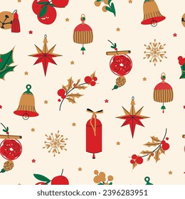 Christmas Seamless pattern with mistletoe, star, bell and snowflake. New year Winter holiday vector background for postcard, print, fabric, wrapping paper, wallpaper, textile, cover
