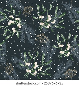 Christmas seamless pattern, mistletoe twigs with white berries, snow, black night background. Vector illustration. Nature design. Season greeting. Winter holidays