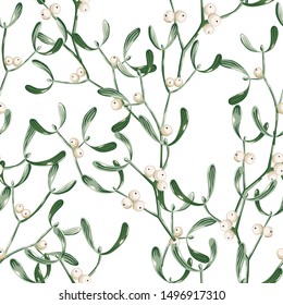 Christmas seamless pattern, mistletoe, white background. Green leaves, berries. Vector illustration. Nature design. Season greeting. Winter Xmas holidays