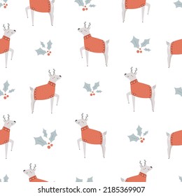 Christmas seamless pattern with mistletoes and funny reindeers in sweaters