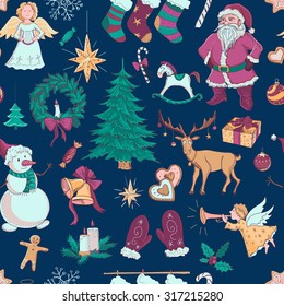 Christmas seamless pattern with  Christmas mittens, candy cane, holly berries, smiling snowman, stocking with xmas tree, Deer,  Santa, angel, candle, christmas toys, gifts and bells.