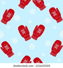 Christmas seamless pattern with mittens and snowflakes. New Year beautiful vector illustration.
