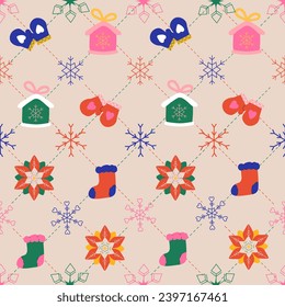 Christmas seamless pattern with mittens,stockings, Poinsettia, gingerbread house, geometric rhombus shapes and diagonal dotted lines. Holiday background for wallpaper, print, card. Geometric polka dot