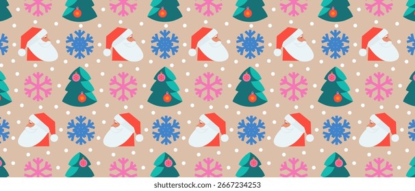 Christmas seamless pattern in modern geometric style with Santa Claus, green tree and snowflakes. Winter festive background for wrapping paper. Vector.