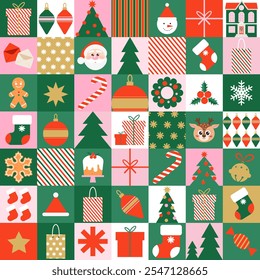 Christmas seamless pattern in modern simple geometric style with Xmas icons elements for wrapping paper,  textile, fabric, background, wallpaper.