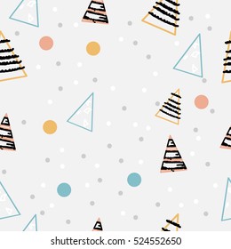 Christmas seamless pattern. Modern stylish texture. Geometrical elements. Hand-drawn triangular trees with colorful dots and circles. Hipster style. Vector