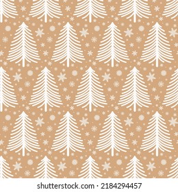 Christmas seamless pattern, monochrome, fir trees and snowflakes.Vector illustration in simple flat doodle style. White pattern on a craft background of a square shape. Gift paper, fabric print, cover