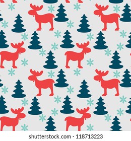 Christmas seamless pattern with moose, fir tree and snowflake silhouettes. Vector illustration.