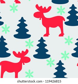 Christmas seamless pattern with moose, fir tree and snowflake silhouettes. Vector illustration.