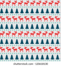 Christmas seamless pattern with moose, fir tree and snowflake silhouettes. Vector illustration.