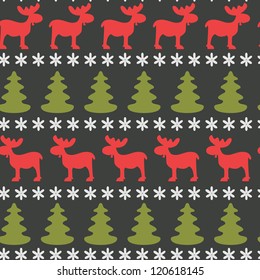 Christmas seamless pattern with moose, fir tree and snowflake silhouettes. Vector illustration.