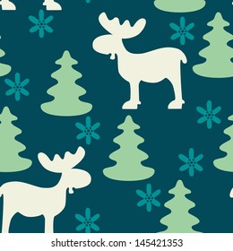 Christmas seamless pattern with moose, fir tree and snowflake silhouettes on blue backdrop. Winter holidays background.