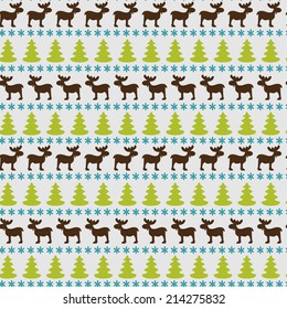 Christmas seamless pattern with moose, fir tree and snowflake silhouettes on grey backdrop. Winter holidays background.