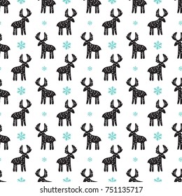 Christmas Seamless Pattern. Moose and Snowflakes. Winter Vector Background. Scandinavian style. Xmas Wallpaper