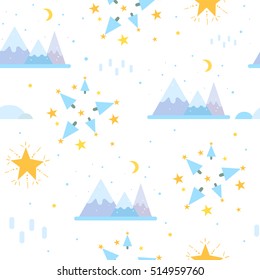 Christmas seamless pattern with mountains and Christmas tree.