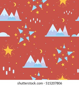 Christmas seamless pattern with mountains and Christmas tree.