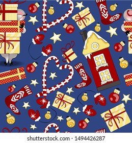 Christmas Seamless Pattern With Mouse A Symbol Of The New Year. Print With A Gingerbread House, Sweets, Mittens, Gifts And Socks. 