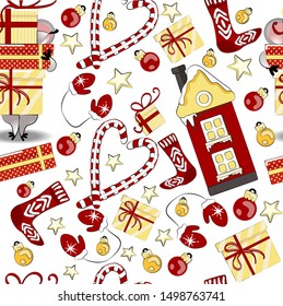 Christmas seamless pattern with mouse a symbol of the new year. Print with a gingerbread house, sweets, mittens, gifts and socks. 