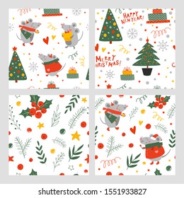 Christmas Seamless pattern with mouses. Holly, pine, floral winter decor, gift. Vector New Year background for kids. Cartoon Rat carries fir tree. Smiling Mouse in clothes. Cute animals. Holiday print