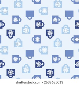 Christmas seamless pattern of mugs with snowflakes for holiday office events. Various of blue shades in a seamless pattern. Intricate snowflake designs for wrapping paper, and gifts. Vector, EPS 10.