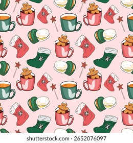 Christmas Seamless Pattern with Mugs, Stockings, and Cookies.
Festive Holiday Pattern with Hot Drinks and Christmas Stockings