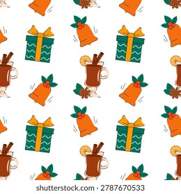 Christmas seamless pattern with mulled wine, gift boxes, and bells on a white background. Festive winter holiday vector illustration for wrapping paper, textile, wallpaper