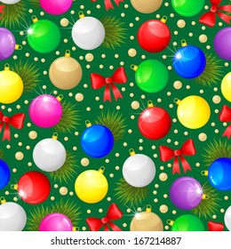 Christmas seamless pattern with multicolor balls, red bows and fir branches on green background