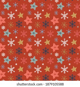 Christmas seamless pattern with multicolor stars and snowflakes on red background. Hand drawn vector illustration. Holiday endless texture for wrapping paper, textile, fabric design. 
