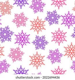 Christmas seamless pattern with multicolor stars and snowflakes on white background.  Drawn by hand.