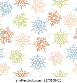 Christmas seamless pattern with multicolor stars and snowflakes on white background.  Drawn by hand.