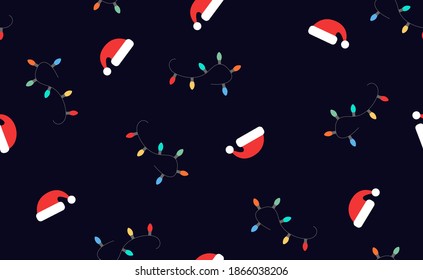Christmas seamless pattern of multicolored lights and Santa hats. Vector illustration.
