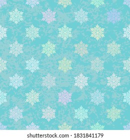Christmas Seamless Pattern. Multicolored Snowflakes On A Green Background