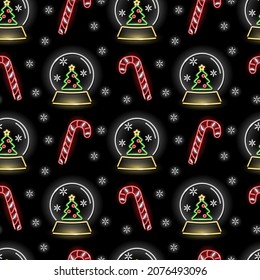 Weihnachten nahtloses Muster mit neonigen Süßigkeiten und Schneeball mit Weihnachtsbaum auf schwarzem Hintergrund. Winterferien, gemütlich, Neujahrskonzept für Tapeten, Umhüllung, Druck. Vektorgrafik 10 EPS