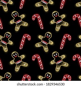 Christmas seamless pattern with neon candy-cane and gingerbread man icons on black background. Winter holidays, X-mas, New Year concept for wallpaper, wrapping, print. Vector 10 EPS illustration.
