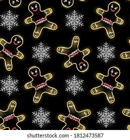 Christmas seamless pattern with neon gingerbread man and snowflakes on black background. Winter holidays, X-mas, New Year concept for wallpaper, wrapping, print. Vector 10 EPS illustration.