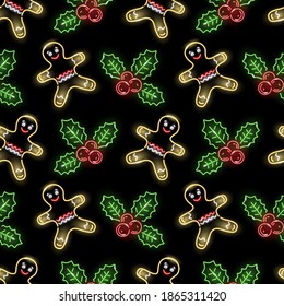 Christmas seamless pattern with neon gingerbread man and holly berry icons on black background. Winter holidays, X-mas, New Year concept for wallpaper, wrapping, print. Vector 10 EPS illustration.