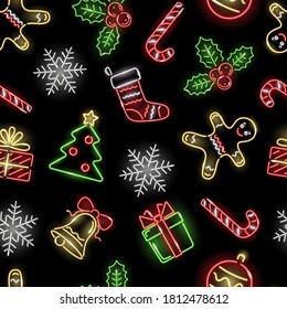 Christmas seamless pattern with neon icons: gingerbread man, giftbox on black background. Winter holidays, X-mas, New Year concept for wallpaper, wrapping, print. Vector 10 EPS illustration.
